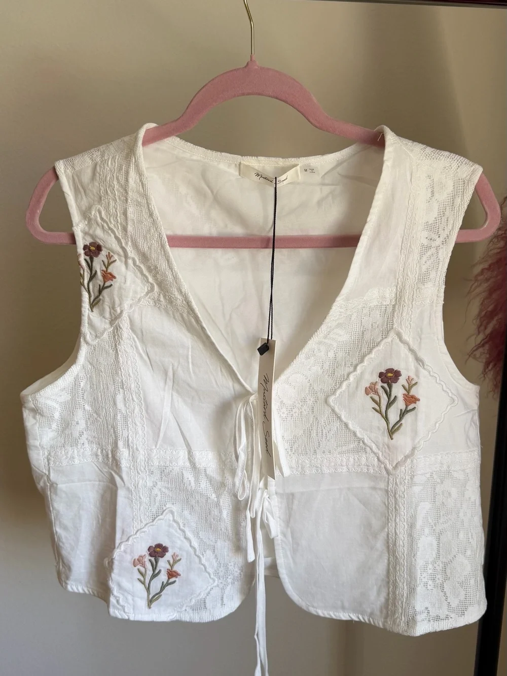 NWT Mustard Seed Embroidered Lace Tie-Front Vest White Size M